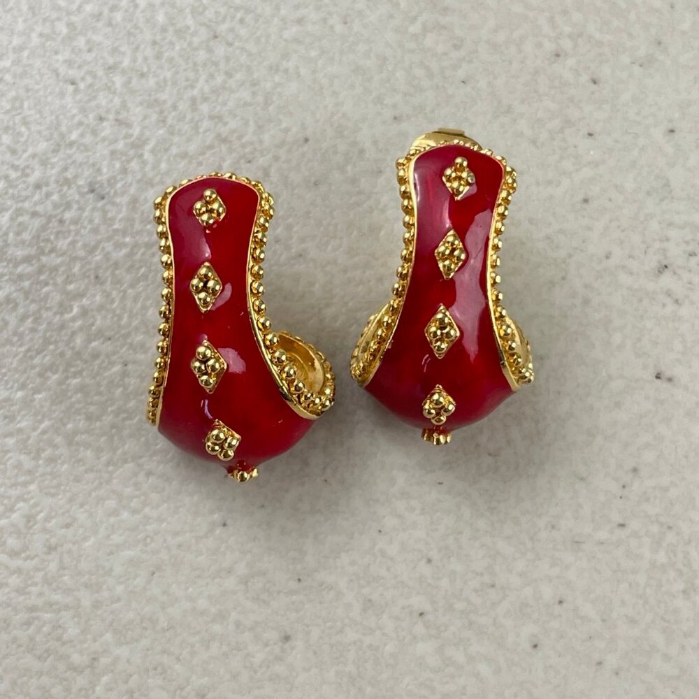 Vintage Avon Earrings Red Clip Enamel w Raised Gold Color Trim 1980s Party Gift